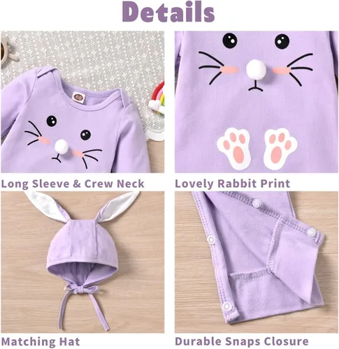 Vista 4 de Aalizzwell Mameluco de Pascua para bebés y niñas con sombrero de oreja de conejo