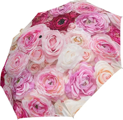 Vista 2 de Paraguas plegable auto abierto compacto sol lluvia paraguas rosa flores rosa para mujeres hombres niños viaje sombrilla sol protección UV viento