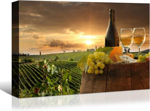 Vista 28 de Denozer - Arte de pared para cocina, lienzo, obras de arte de frutas, uvas, botellas de vino, alimentos, pintura en lienzo para comedor, decoración