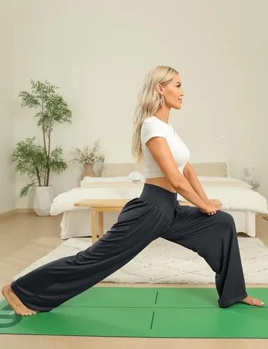 Vista 3 de UEU Pantalones de pierna ancha para mujer, casuales, holgados, para yoga, sala de estar, elásticos, en forma de V, pantalones palazzo con bolsillos