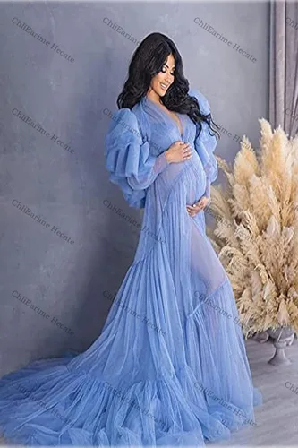 Vista 2 de ChliEarime Hecate Bata de tul para mujer, vestido de noche transparente, sesión de fotos de maternidad, vestido de fiesta de baby shower