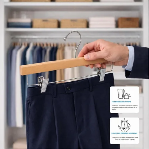 Vista 7 de ZOBER Perchas de madera para pantalones con clips, perchas para ropa Natural - Paquete de 10