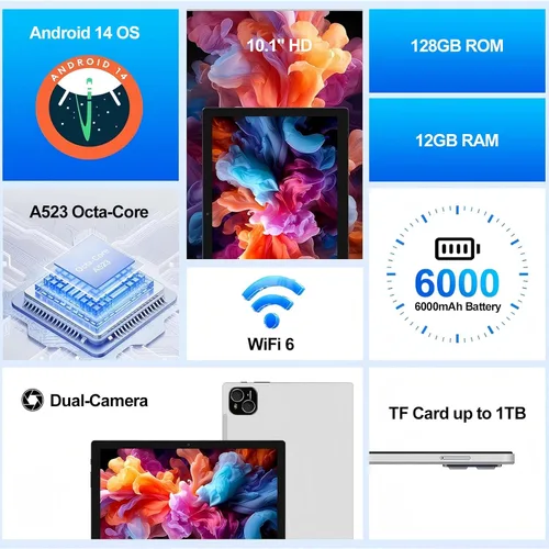 Vista 2 de Tableta, tableta Android 14 de 10 pulgadas, procesador Octa-Core, 12 GB de RAM + 128 GB de ROM, pantalla táctil IPS HD 1280x800, batería de 6000
