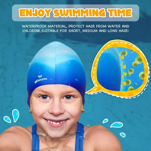 Vista 5 de 3 Pack Kids Swim Cap for Boys Girls, Unisex Silicone Swimming Caps for 3-15 Toddler Children Teen, Waterproof Bathing Caps for Short/Long Hair to