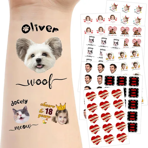 Vista 28 de Tatuajes temporales personalizados para la cara, tatuajes faciales personalizados con nombre de foto, logotipo, texto, calcomanía de tatuaje falsa
