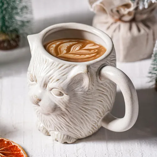 Vista 5 de Taza de café de cerámica de gato blanco de 20 onzas, taza de café grande de cerámica, taza con patrón de gato 3D novedoso para café, té, cacao