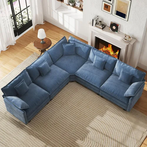 Vista 22 de Sofá de nube en forma de L de 77 pulgadas, sofá modular con otomana, cómodo sofá biplaza de felpilla con almohada para sala de estar, dormitorio