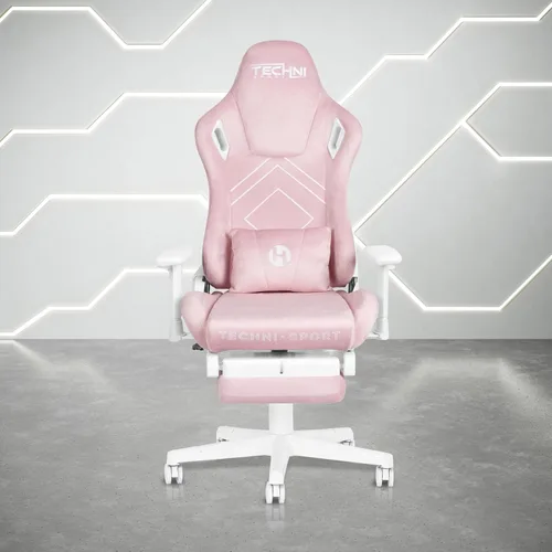 Vista 2 de Techni Sport Silla para juegos de terciopelo rosa con reposapiés
