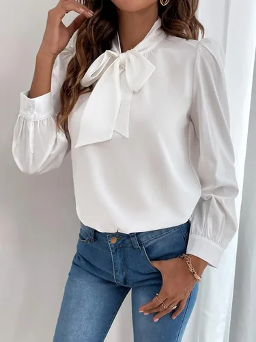 Vista 3 de Verdusa Blusa de gasa de manga larga con cuello de lazo elegante para mujer
