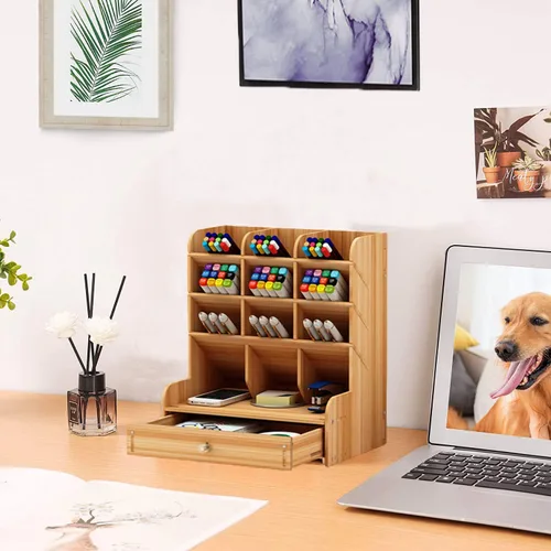 Vista 2 de Organizador Marbrasse de madera para escritorio, portaplumas multifuncional de bricolaje, organizador para escritorio, papelería de escritorio