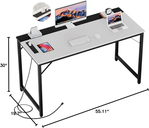 Vista 3 de iSunirm Escritorios para computadora de 55 pulgadas con tomas de corriente y puertos de carga USB, escritorio de oficina moderno para espacios