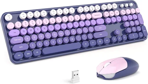 Vista 19 de MOFII Combo de teclado y mouse inalámbricos, teclado retro con teclas redondas de colores, conexión USB Plug Play de 2.4 GHz para PC, laptop
