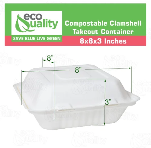 Vista 3 de Contenedor de comida cuadrado compostable con bisagras de 8 x 8 pulgadas, contenedores desechables de calidad resistente, caja de comida ecológica