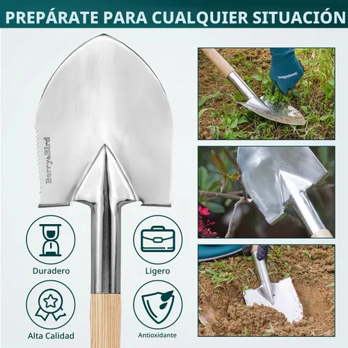 Vista 4 de Berry&Bird Pala de mano corta, paleta de excavación de 19.8 pulgadas para jardinería con mango de madera, pala de punta redonda de acero inoxidable