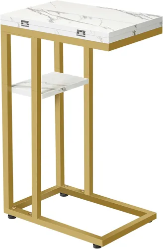 Vista 10 de HOOBRO Mesa auxiliar plegable, mesa lateral en forma de C con estante de almacenamiento, pequeña mesa de aperitivos adecuada para sala de estar
