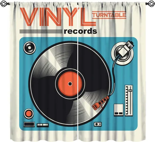 Vista 10 de Cortinas abstractas con notas musicales de piano, temática musical de piano, decoración de dormitorio de niños y niñas, arte rústico retro