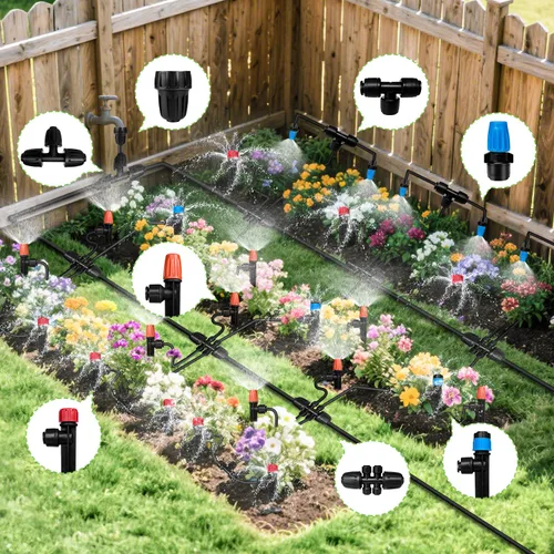 Vista 3 de Sistema de riego por goteo de 230 pies para jardín con 40 boquillas y emisores, sistema de riego de jardín con tubo de 1/2" y 1/4" y accesorios