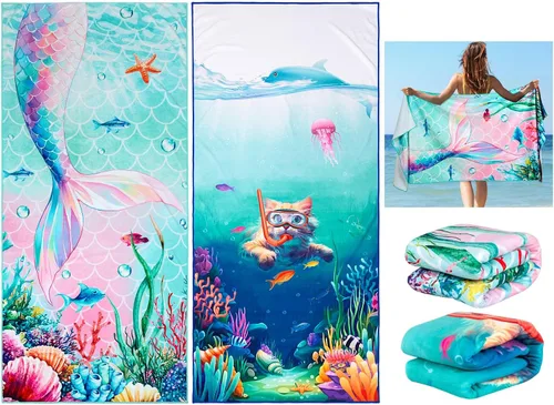 Vista 8 de Vimorco Toalla de playa para gatos, divertida toalla de playa con diseño de delfín y medusas, mezcla de algodón, toalla de campamento de terciopelo