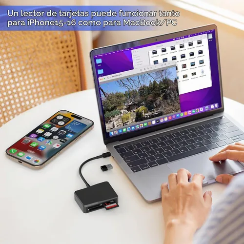 Vista 6 de Lector de tarjetas SD, 4 en 1 USB C a SD/TF/CF/MS lector de tarjetas con adaptador USB a USB C, lector de tarjetas de memoria para iPhone 17/16/15