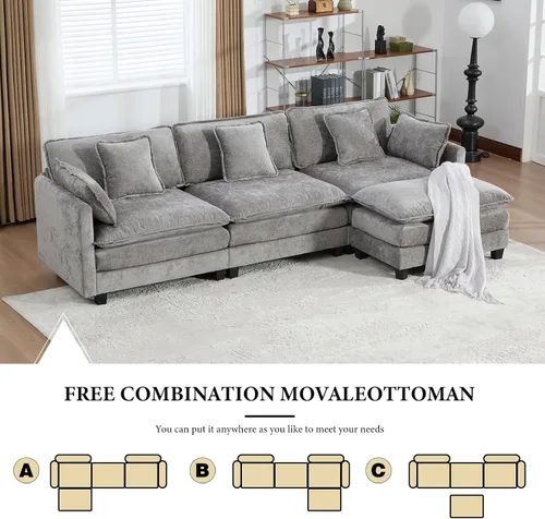 Vista 331 de Sofá seccional modular verde de 111.5", sofás seccionales grandes de 3 plazas para sala de estar, sofá nube oversized de tela chenille con otomana
