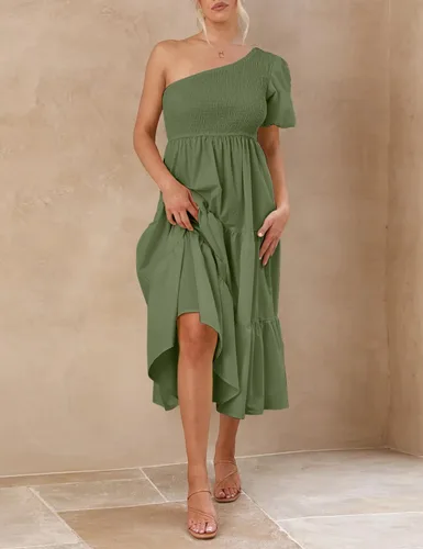 Vista 6 de Chriselda Vestido casual de manga corta con un hombro fruncido para mujer, cintura alta, con volantes, vestido midi para fiesta