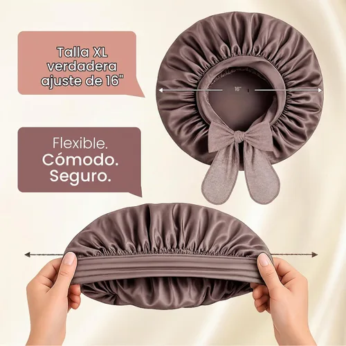 Vista 3 de LUCE Gorro de seda de satén para dormir, gorro de satén XL de doble capa de 600 hilos para mujer, gorro para dormir con lazo ajustable para Marrón