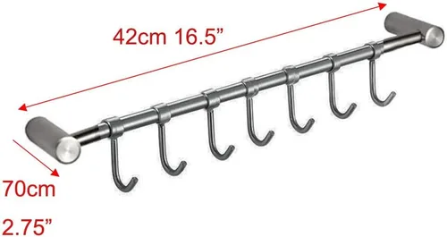 Vista 2 de Estante organizador de utensilios de cocina de acero inoxidable de 16.5 pulgadas con ganchos móviles para cacerola, cuchara, toalla