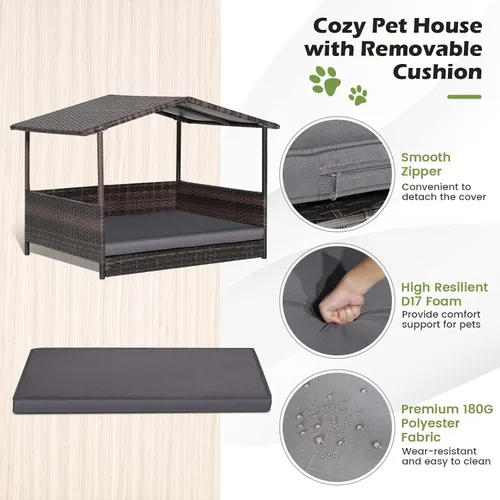 Vista 4 de Tangkula Casa de mimbre para perros, cama elevada de ratán para interiores y exteriores con cojín extraíble, funda lavable, techo impermeable