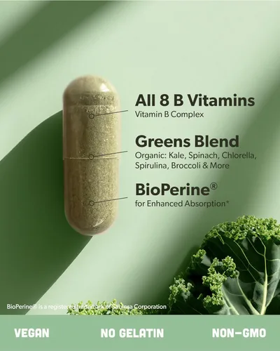 Vista 4 de sapling Complejo vegano de vitamina B, mezcla de alimentos integrales con vitaminas B esenciales B1, B2, B3, B5, B6, B7, folato, B12-60 cápsulas