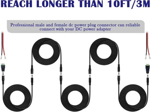Vista 3 de 2 cables de extensión de alimentación CC de 10 pies (9.8 ft) de 12 V con conectores adaptadores de conector de alimentación (2 x macho + 2 hembra)
