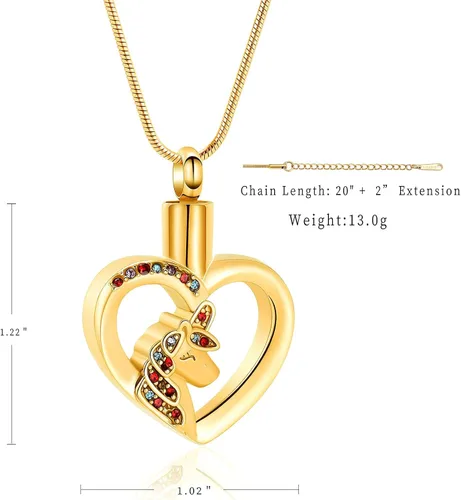 Vista 2 de Joyería de cremación con colgante de corazón de unicornio, urna de cremación, joyería, cenizas, recuerdo de acero inoxidable, colgante de cristal