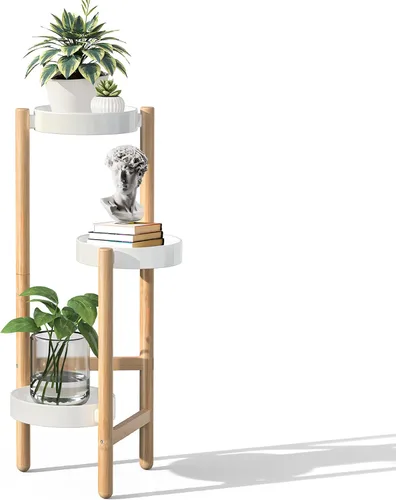 Vista 12 de Estantería de bambú Wisuce para interiores, mesa de 2 niveles de altura para ventana, soporte para múltiples plantas.. Easy-Clean Steel Top