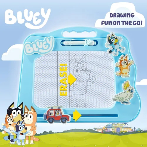 Vista 3 de Bluey Travel - Almohadilla magnética para garabatos con bolígrafo y 3 sellos, dibuja y borra sin ensuciar, azul
