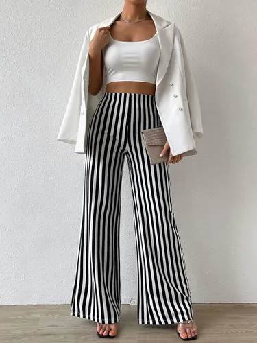 Vista 6 de WDIRARA Pantalones largos elegantes de cintura alta para mujer con pierna acampanada y rayas verticales