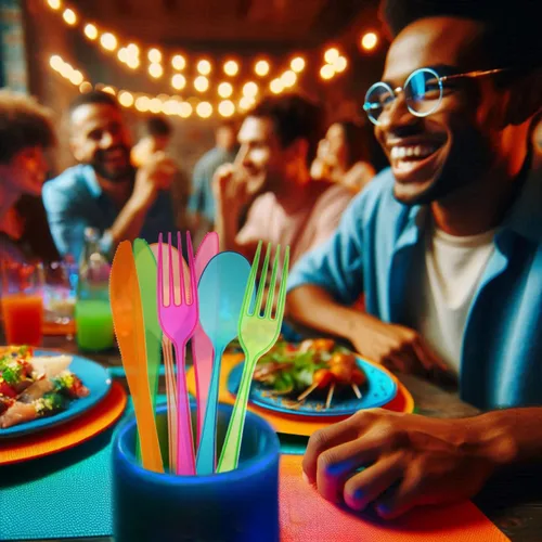 Vista 3 de Party Essentials Paquete combinado de cubiertos de plástico duro de alta resistencia, 96 piezas/32 lugares, varios brillantes neón