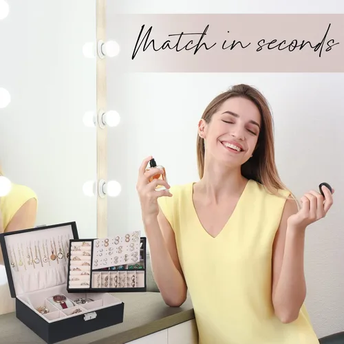 Vista 7 de Joyero para mujeres y niñas, organizador de joyas de 2 capas con cerradura, estuche de almacenamiento de piel sintética con bandeja extraíble