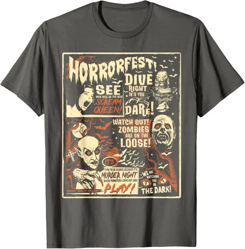 Vista 55 de Camiseta de terror vintage con póster de Halloween y película de terror Negro