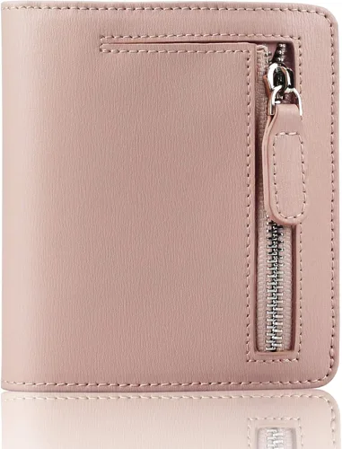 Vista 15 de Funtor Cartera de cuero para mujer, pequeña y compacta, con bolsillo doble, bloqueo RFID, para mujer