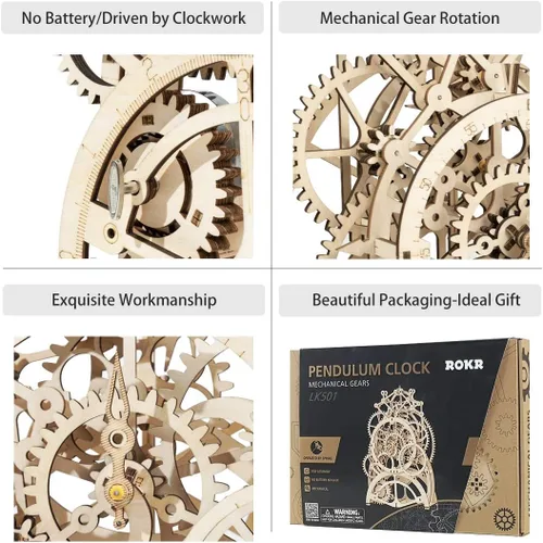 Vista 4 de ROKR Rompecabezas de reloj de péndulo mecánico de madera 3D, juego de construcción de juguetes de engranajes mecánicos, suministros de kit