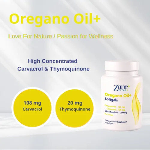 Vista 3 de Zane Vital, aceite de orégano y aceite de semilla negra, con carvacrol y timoquinona, suplemento dietético para el bienestar inmunológico