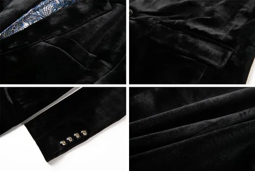Vista 5 de THWEI Blazer de terciopelo para hombre, chaqueta de traje sólido de moda ajustada Negro