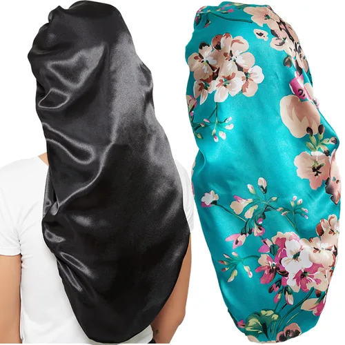 Vista 6 de Wbfwbb - Gorro de seda para mujer, 2 unidades, satén, banda elástica suave, gorro de dormir sedoso, gorro grande para trenzas Negro + Verde