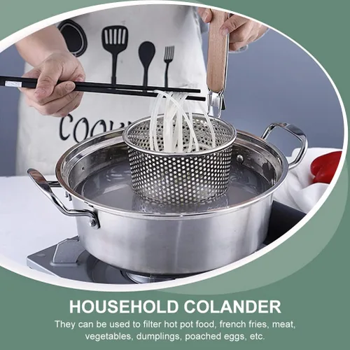 Vista 8 de XENITE Cesta de pasta para hervir pasta, colador de araña, de malla con mango de madera, cuchara ranurada, colador de olla caliente, cucharón