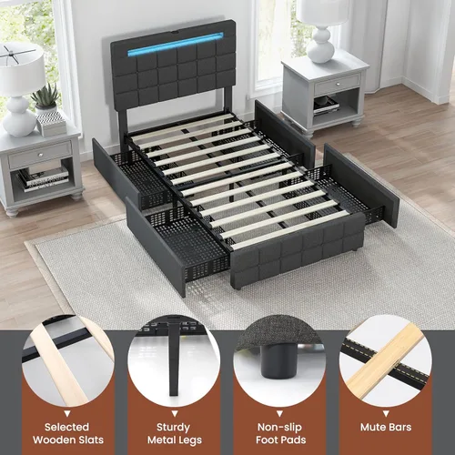 Vista 7 de Giantex Base de cama individual con luces LED y 4 cajones, base de cama de plataforma tapizada con puertos USB, diseño de cabecera ajustable