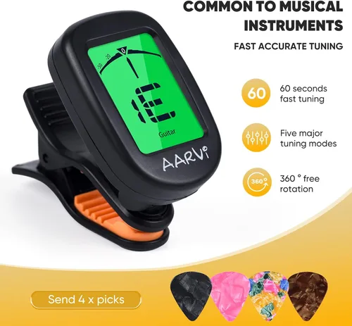 Vista 2 de AARVI Afinador de guitarra con clip para todos los instrumentos, guitarra acústica/eléctrica, ukelele, bajo, violín, banjo, pantalla LCD grande