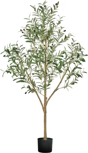 Vista 9 de VEVOR Árbol de ficus artificial de 5 pies con maceta negra, planta alta de ficus sintético con tronco de madera natural y hojas verdes realistas