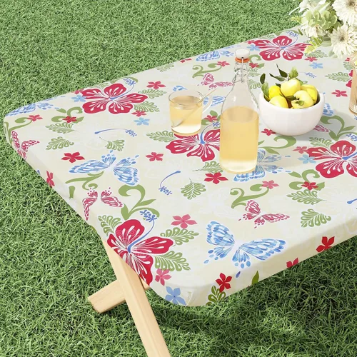 Vista 23 de misaya Mantel rectangular de vinilo, mantel ajustable, 100% impermeable, borde elástico, reverso de franela, mantel de plástico para mesas plegables