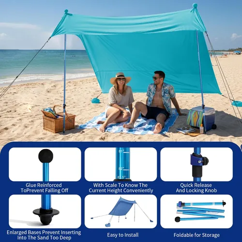 Vista 5 de CROWN SHADES Tienda de campaña de playa de 7 x 7, toldo de playa fácil de desplegar, UPF50+, 2 postes ajustables, turquesa
