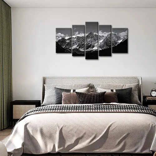 Vista 6 de Lienzo decorativo para pared, diseño de montaña en blanco y negro, paisaje de montaña, 5 piezas, impresiones sobre lienzo, arte moderno con marco