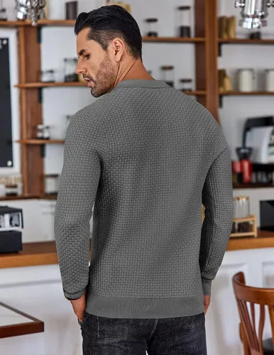 Vista 3 de COOFANDY Polo de punto para hombre, de manga larga, ligero, a la moda, informal, con cuello
